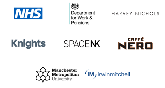 Group of logos of Advanced customers: NHS, Department for Work & Pensions, Harvey Nichols, Knights, SpackeNK, Cafe Nero, Manchester Metropolitan University, Irwin Mitchell