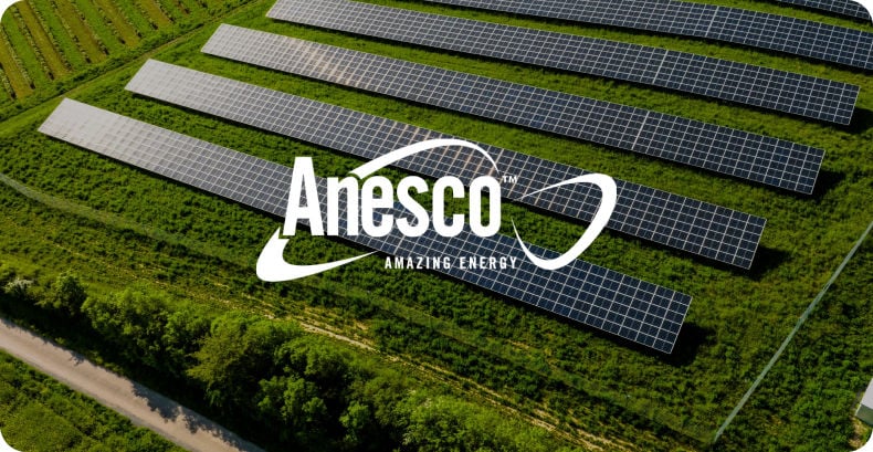 Field of solar panels with Anesco logo overlay
