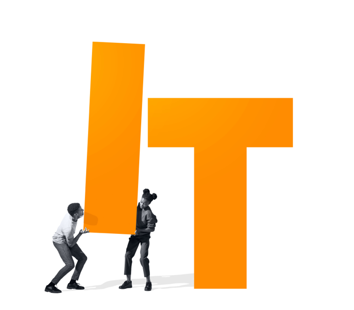 IT in large lettering with two people appearing to hold up the letter 'I'