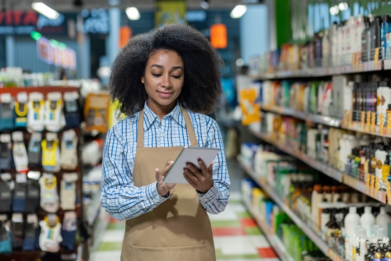 Female employee in a retail store aisle, using a tablet for inventory management. She wears a checkered shirt and an apron, focusing on digital tasks surrounded by various products.