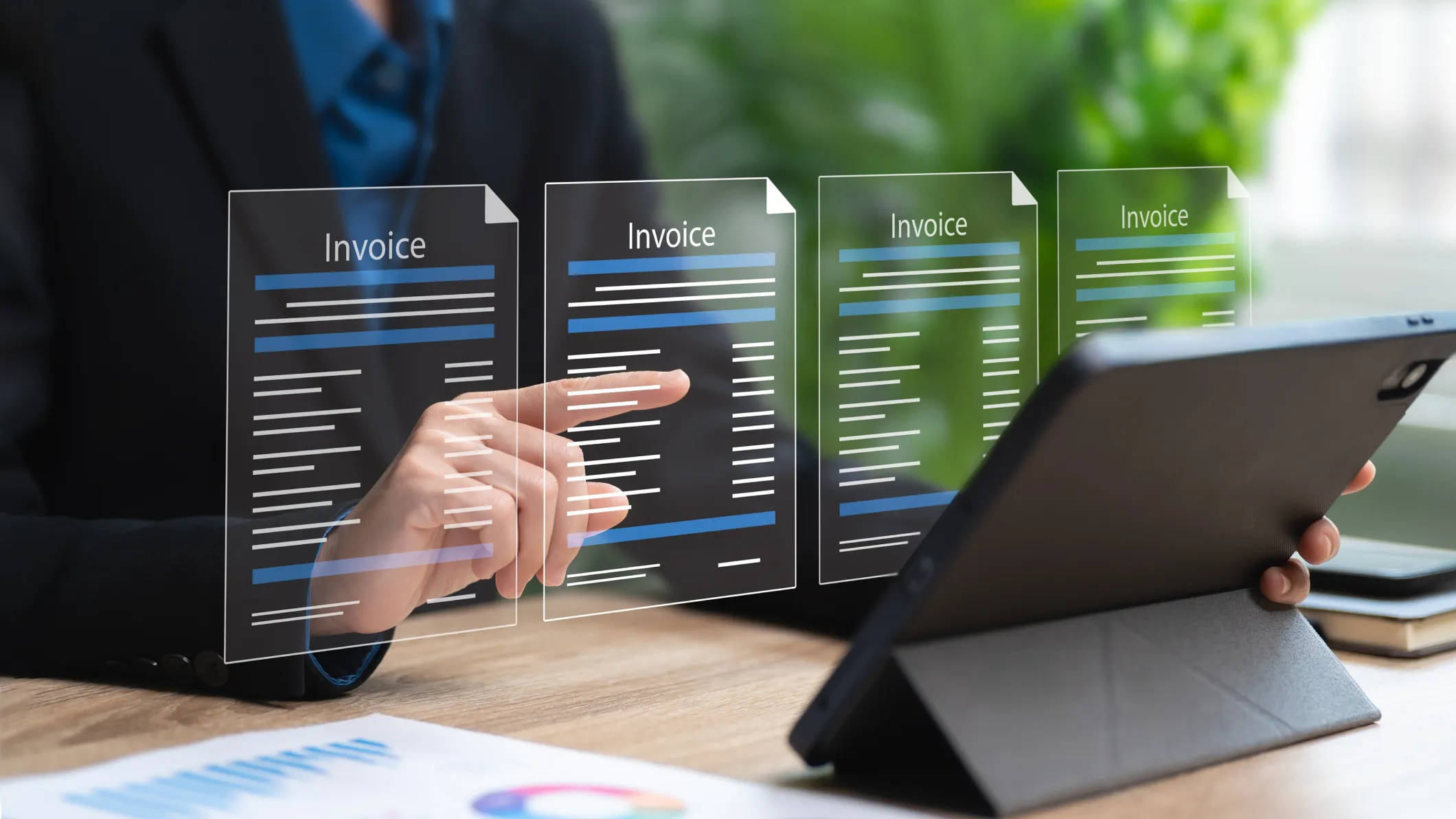 Finance professional approving digital invoices