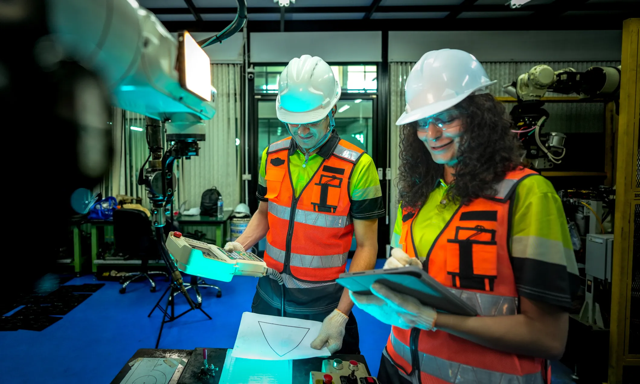 Two engineers making use of manufacturing ERP software