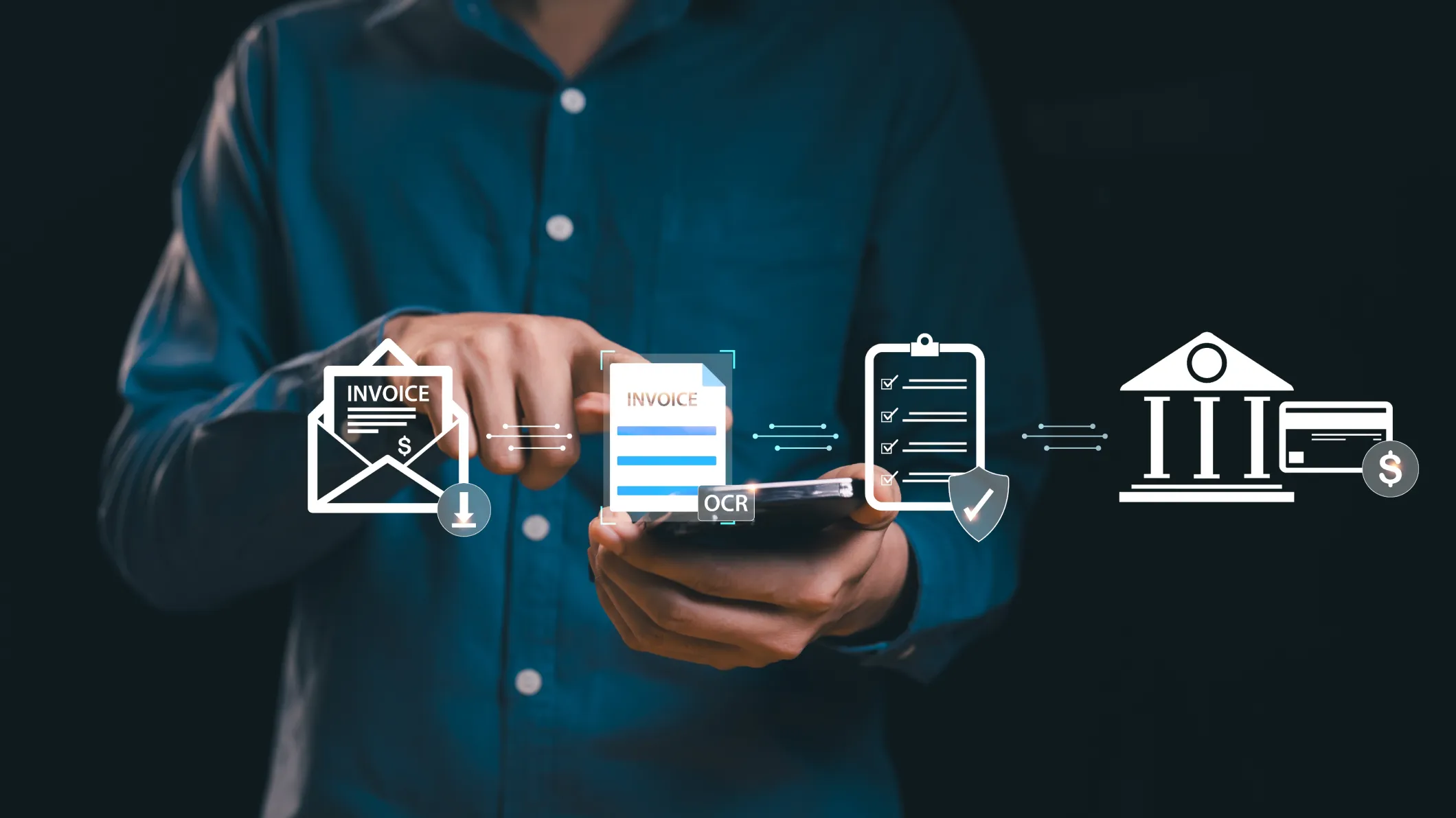 Financial professional manage digital invoice workflows on mobile platform, accounts payable automation, document processing, financial technology innovation, OCR, enterprise resource planning