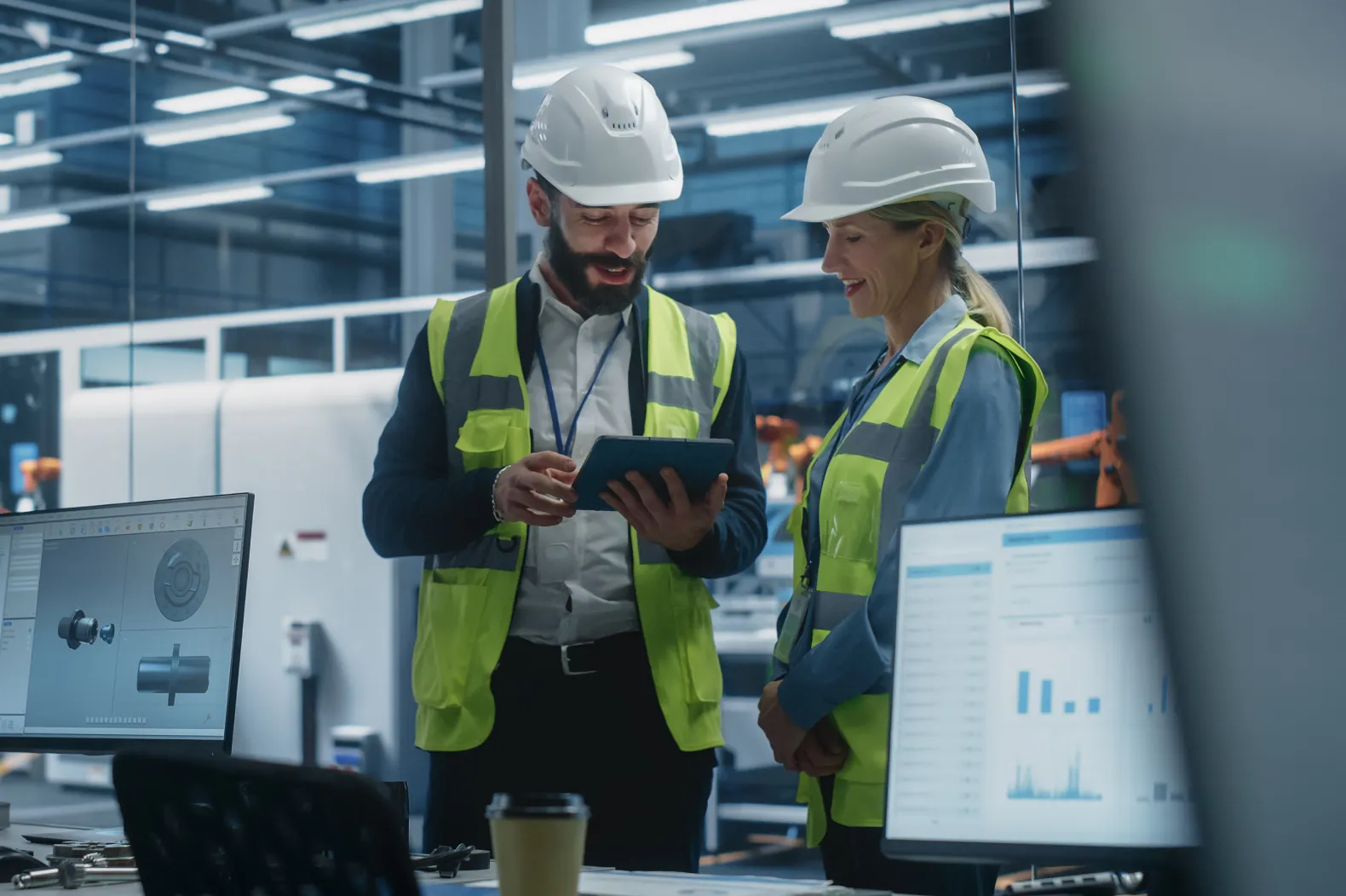 Factory team collaborating using manufacturing ERP software to improve operational efficiency