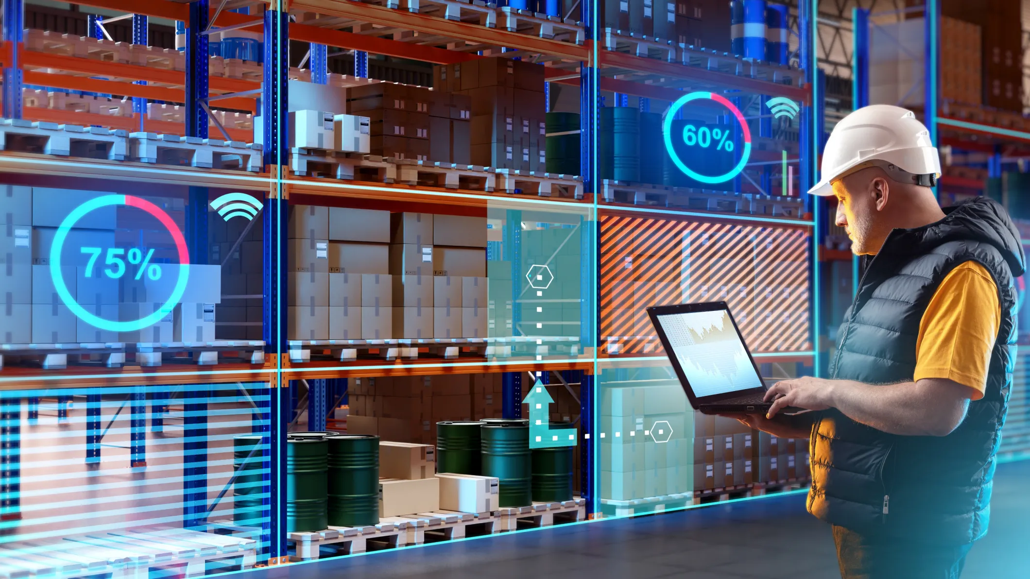 Warehouse supervisor monitoring inventory levels to support manufacturing accounting