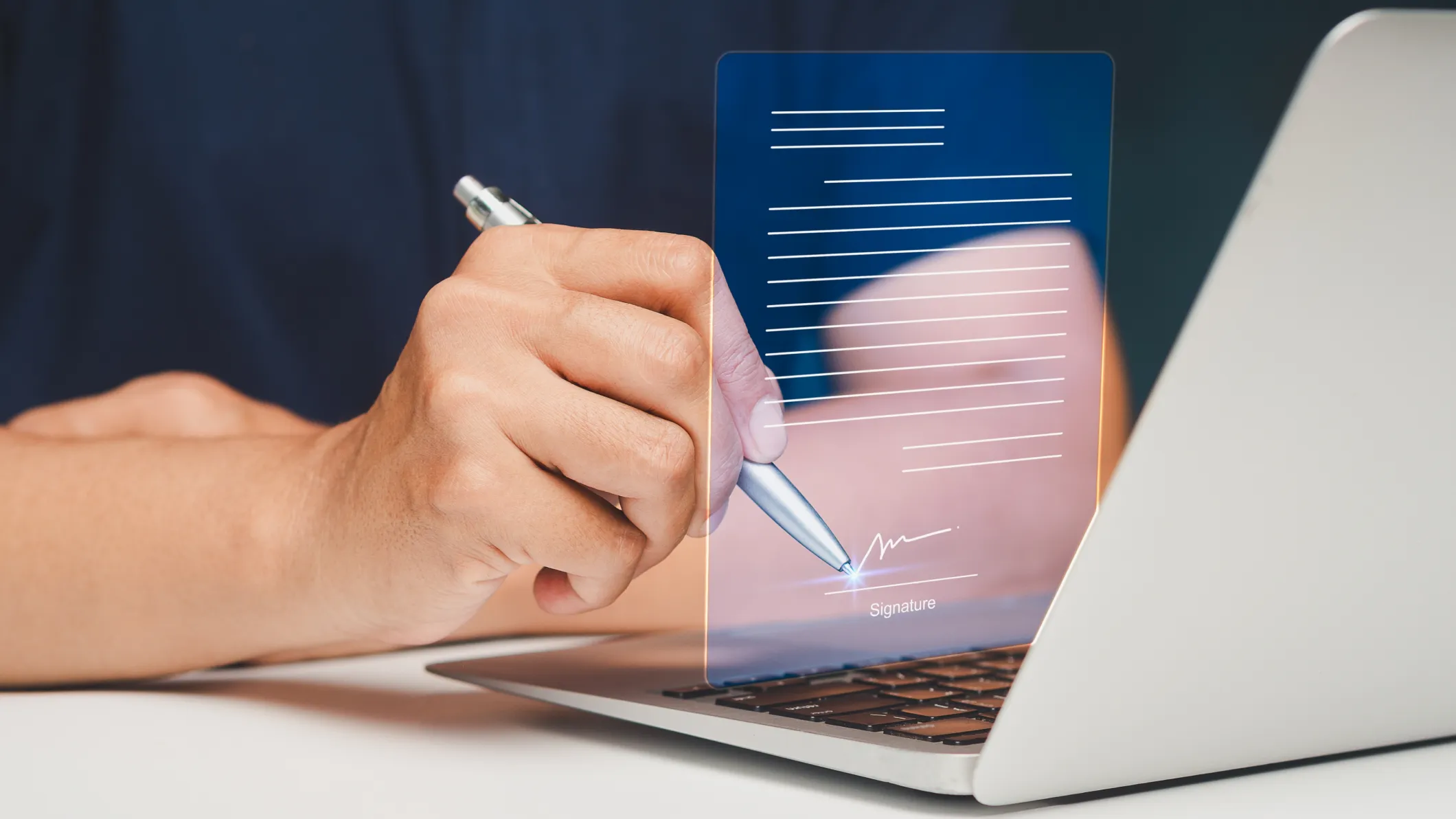 Digital signature on virtual document screen representing electronic contract approval,