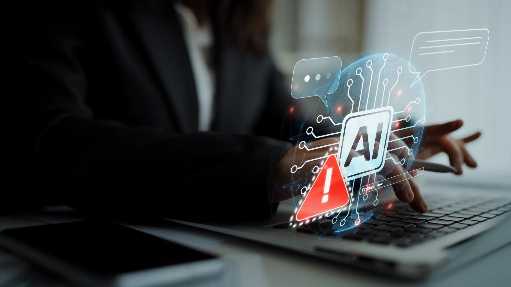 An office worker using a laptop with an AI prompt error icon