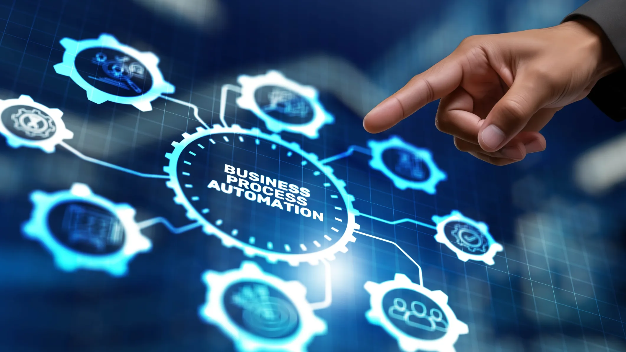 Futuristic business process automation interface with interconnected data and digital workflows