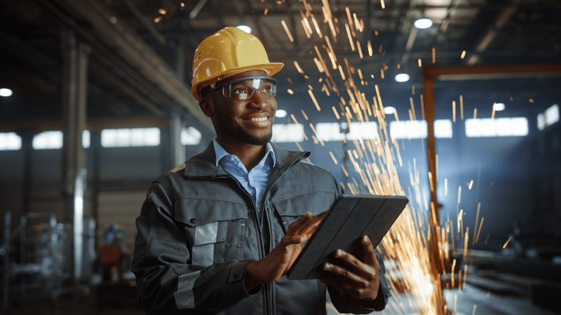 Professional Heavy Industry Engineer Worker Wearing Safety Uniform and Hard Hat Uses Tablet Computer. Smiling African American Industrial Specialist Standing in a Metal Construction Manufacture.