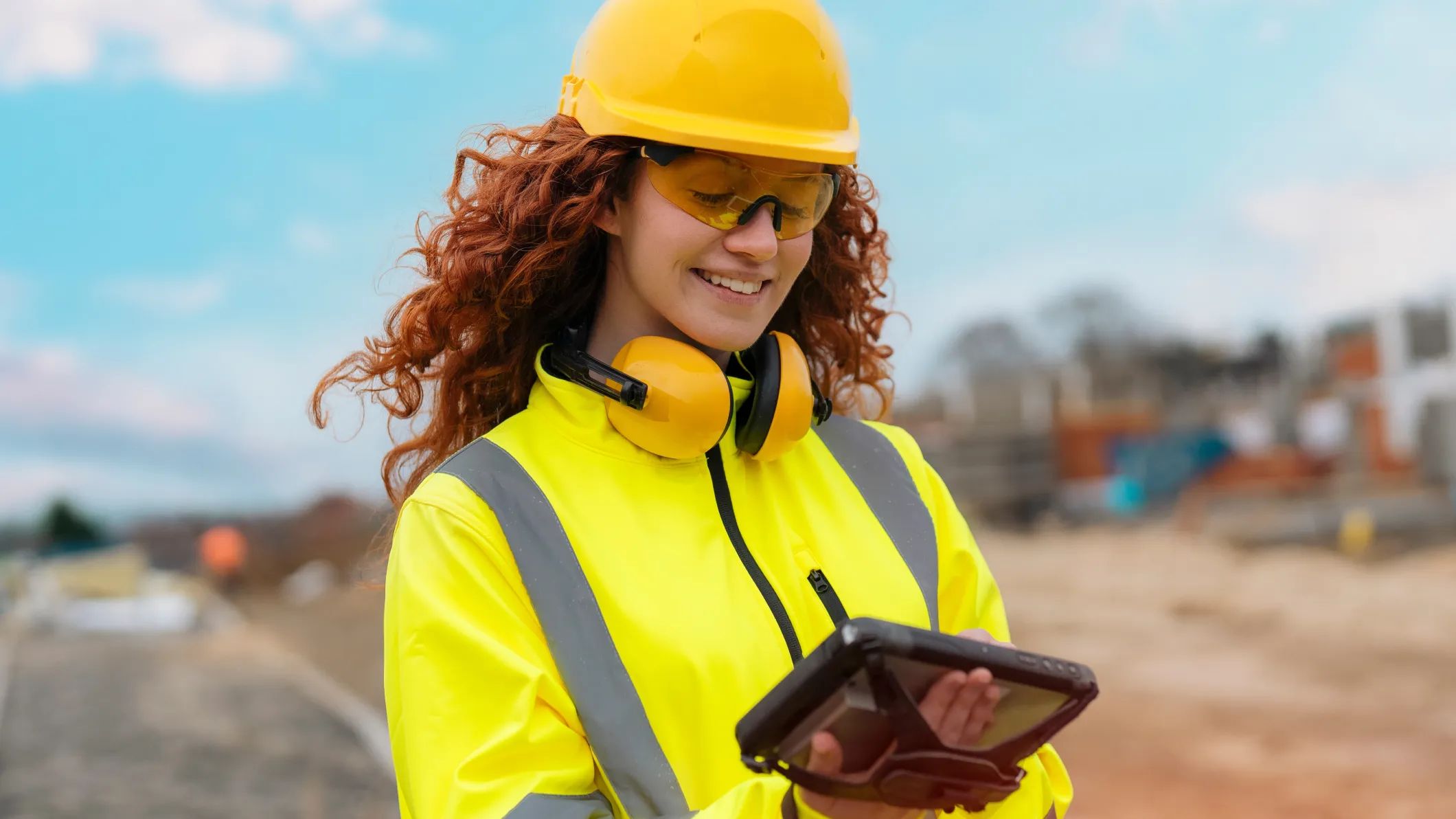 A happy young female apprentice working on a construction site