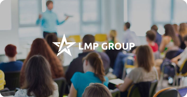 Image of students in a class with LMP group logo overlay