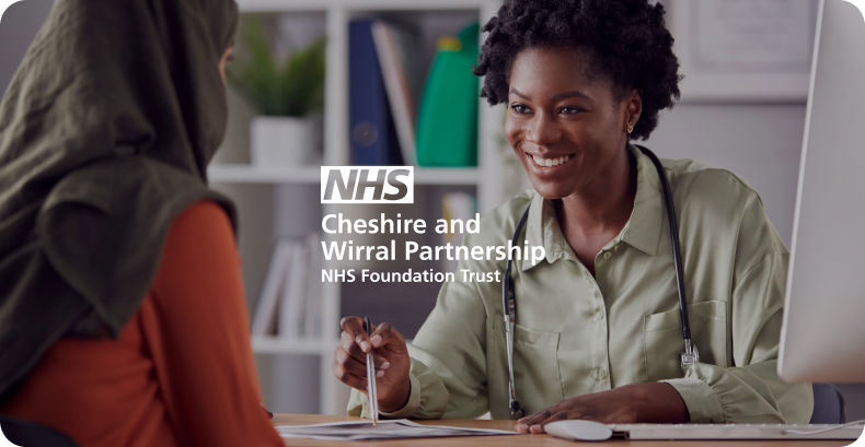Doctor and patient having discussion with NHS Cheshire and Wirral Partnership logo overlay