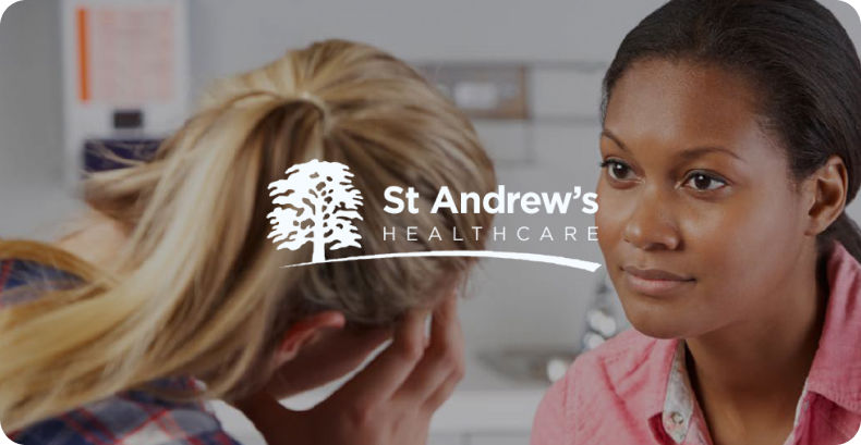 Healthcare professional talking with patient with St Andrew's healthcare logo overlay