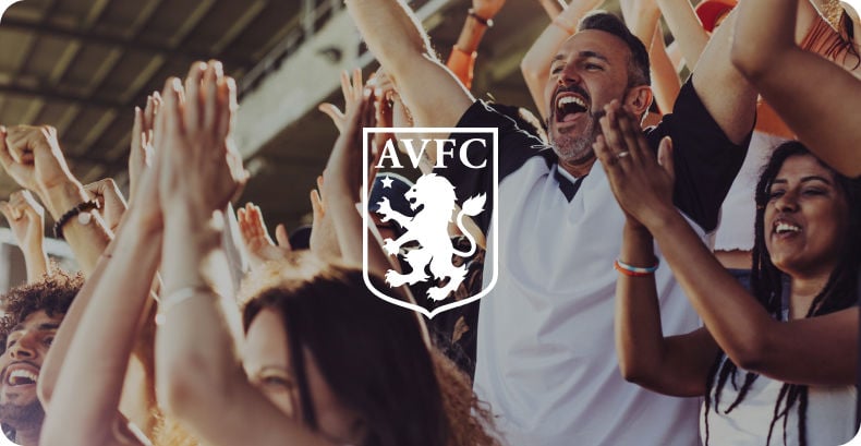 football fans celebrating with aston villa fc logo overlay