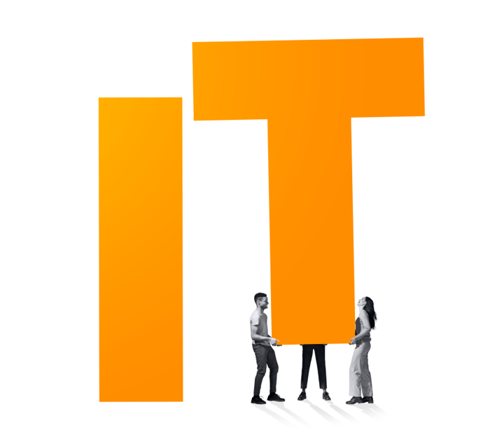 IT in large lettering with three people appearing to hold up the letter 'T'