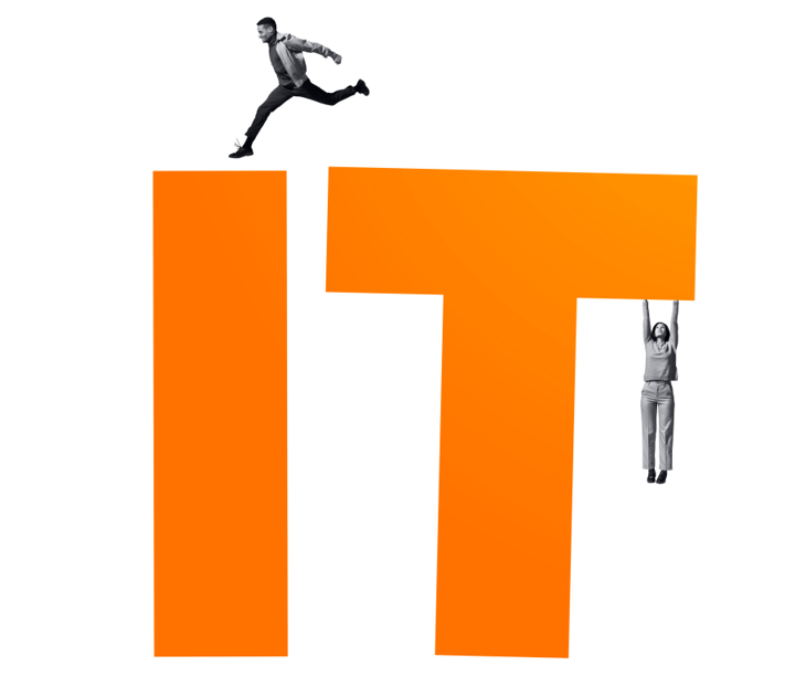 IT in large lettering with one person appearing to be jumping from one letter to the other, and another person appearing to be holding on to the letter 'T'