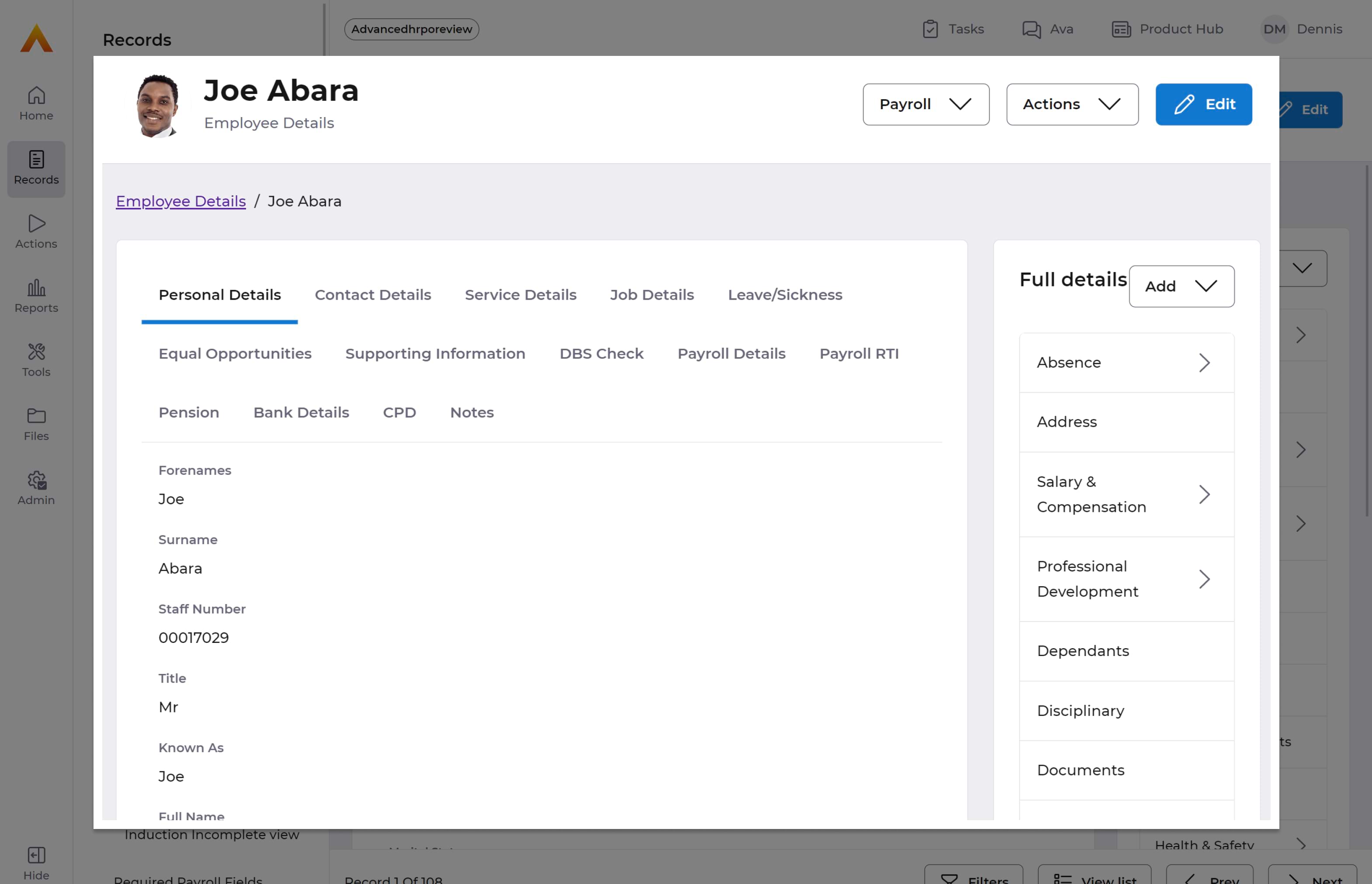 Employee details feature on advancedhr