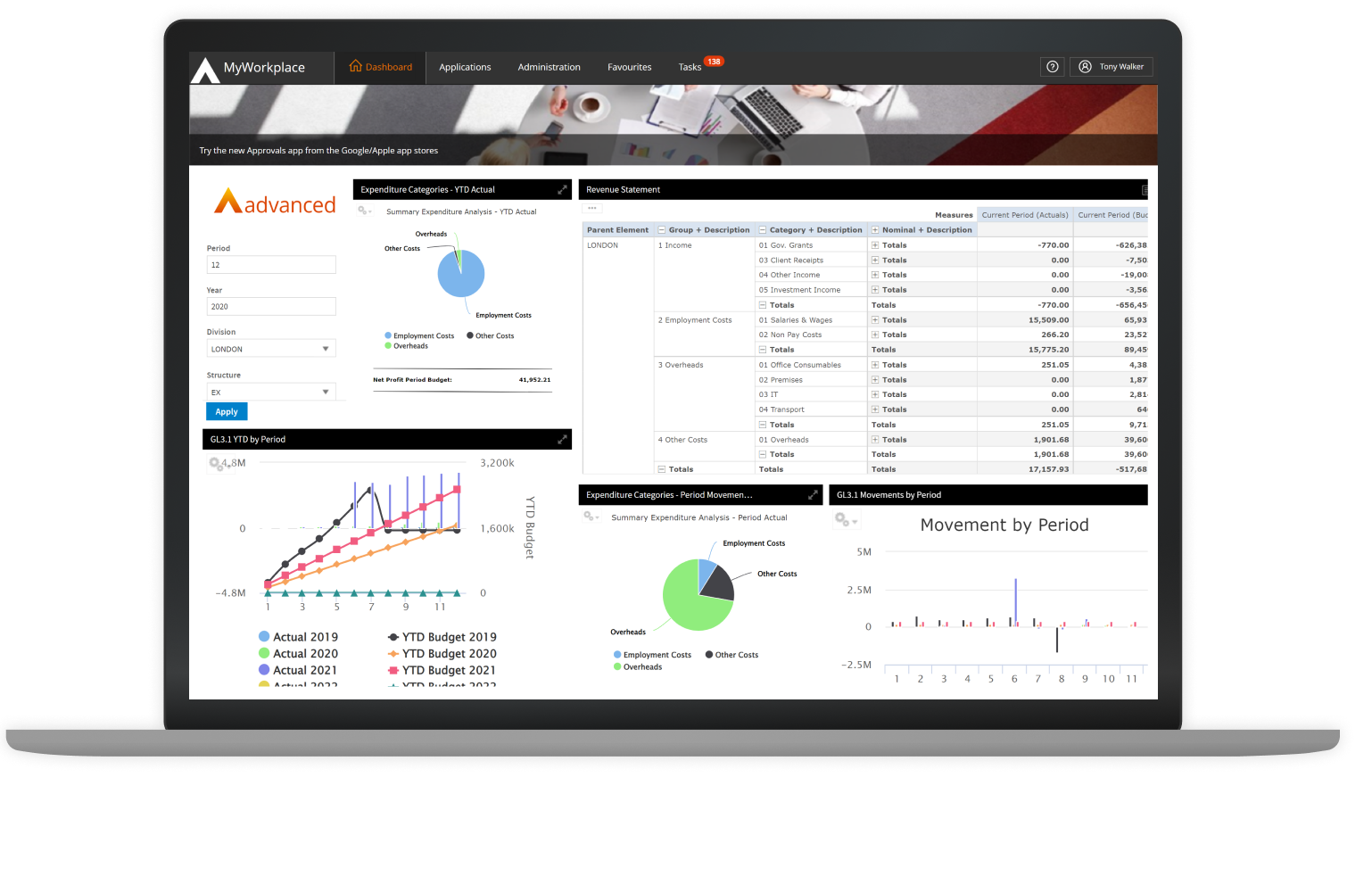 Financial management software in use on laptop