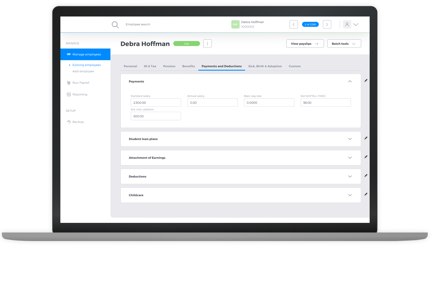 Flexipay payroll software in use on laptop
