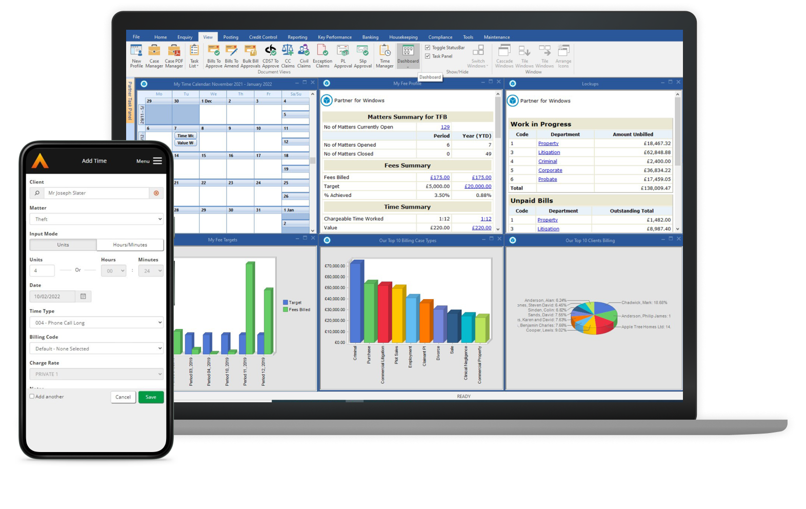 Practice and case management software in use on laptop and mobile
