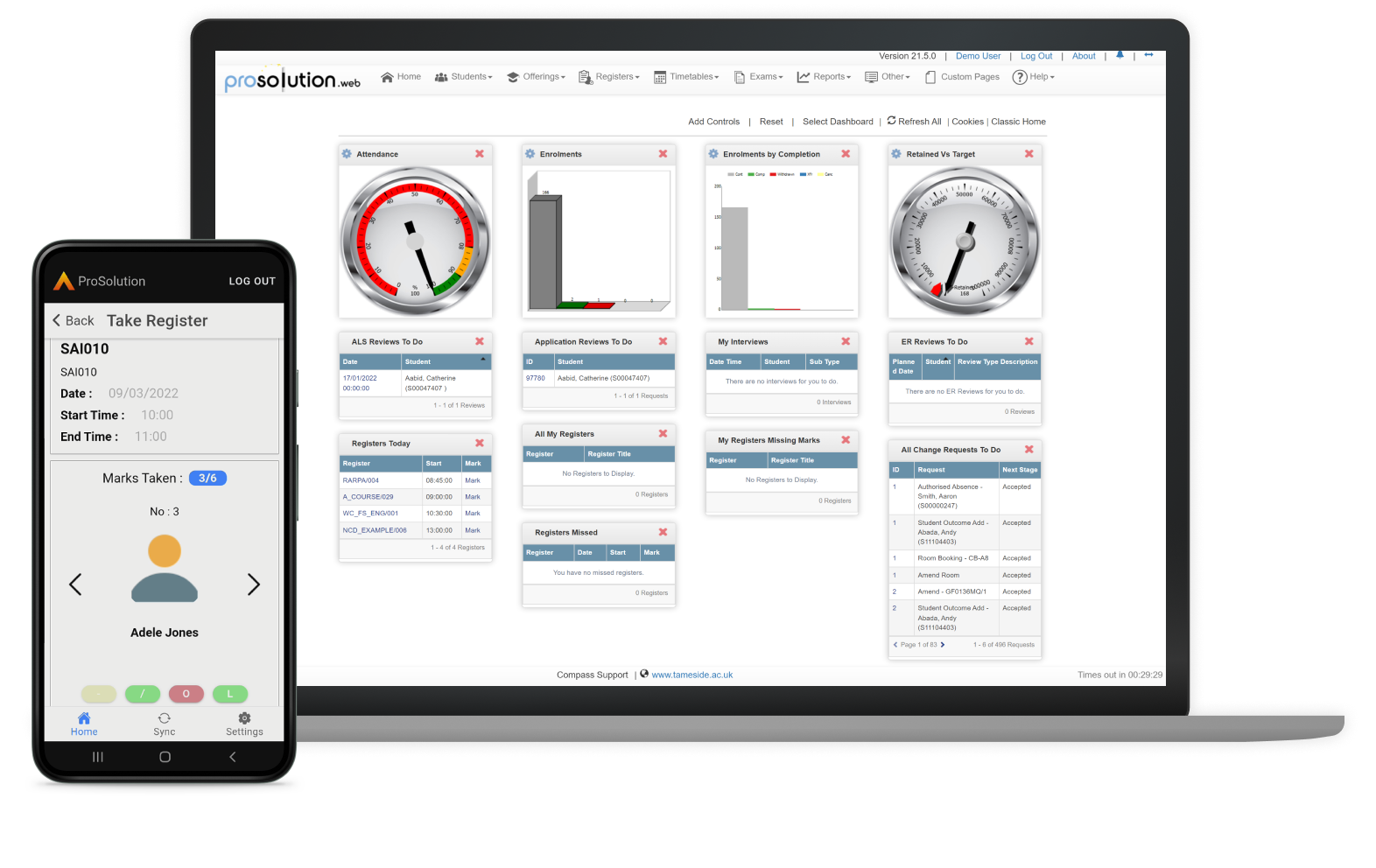 Prosuite further education management software in use on multiple devices