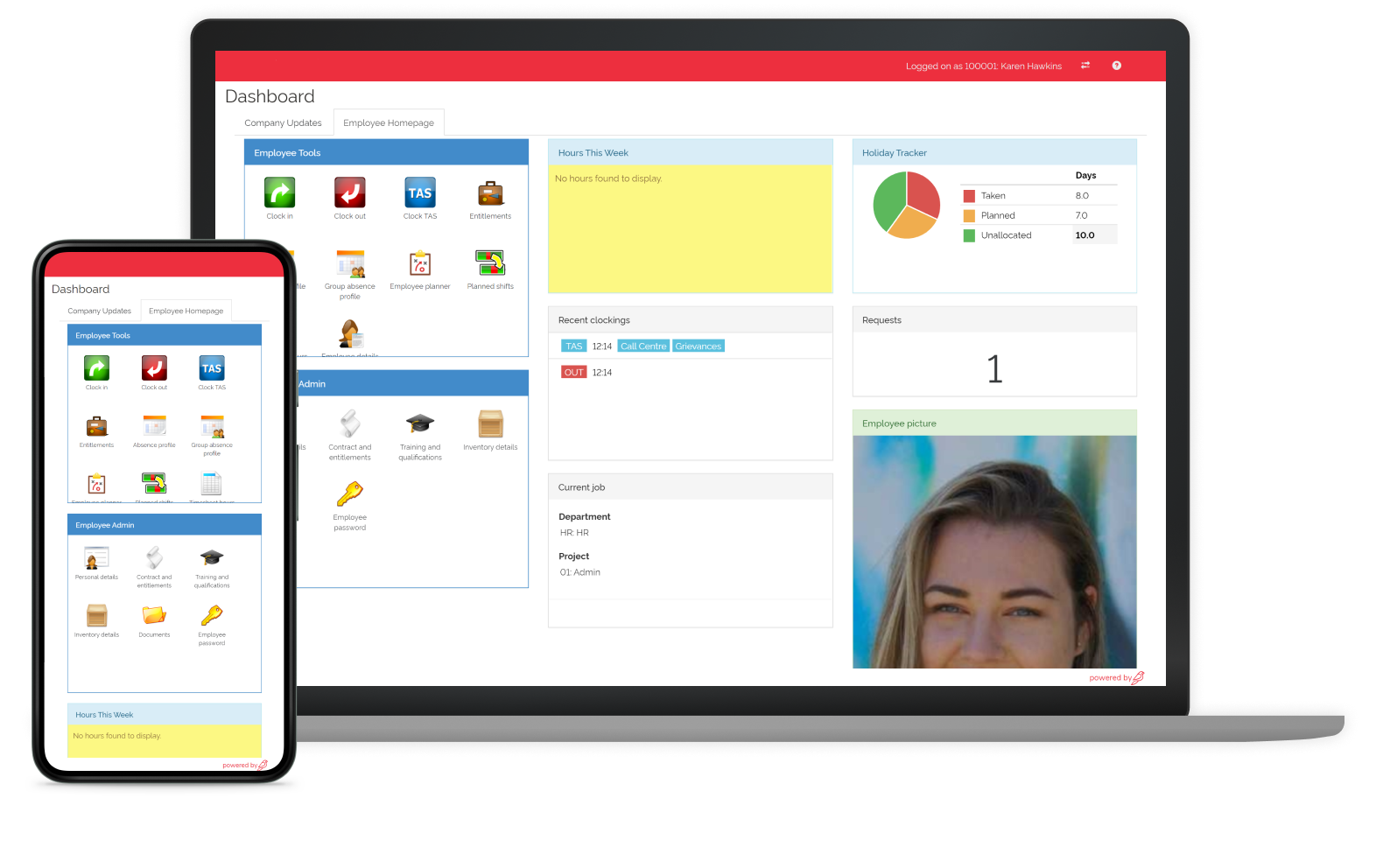 Time and attendance software in use on laptop and mobile